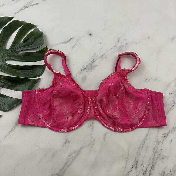Cacique Bright Pink Lace Balconette Bra Size 46 C Underwire Floral - Picture 1 of 7